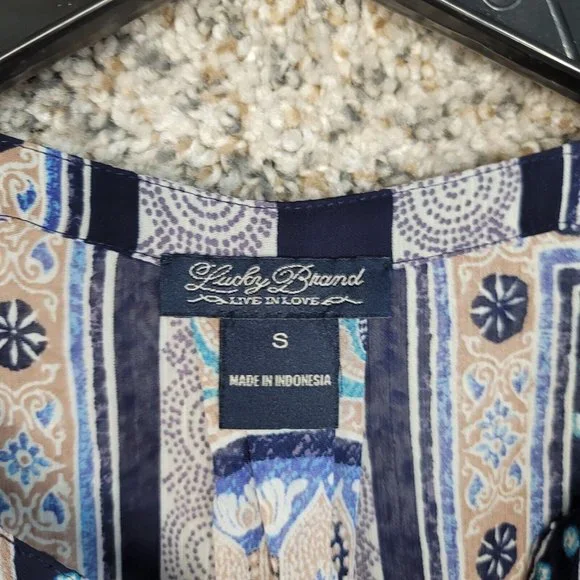 Lucky Brand Top Womens Small Oversized Blue Sheer Printed Hi Low‎ Blouse - Picture 6 of 7